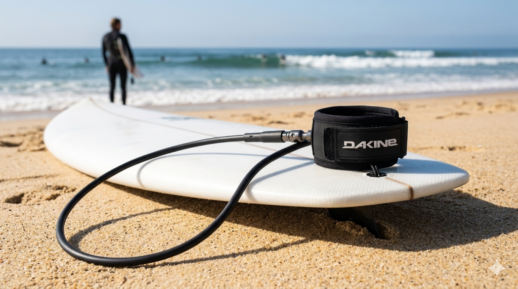 A close-up horizontal shot of a black surfboard leash resting on a clean white surfboard on a sandy beach, with a surfer in the background. High-quality professional surfing equipment for safety and control.