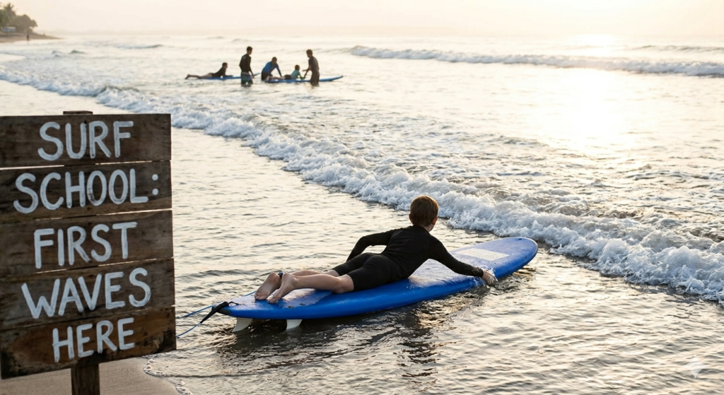 "A young surfer lying on a blue foam surfboard at the beach next to a wooden sign that says Surf School: First Waves Here."