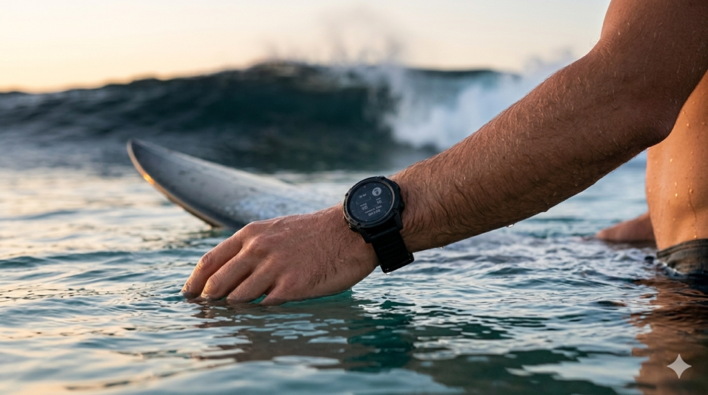 A close-up view of a surfer's wrist wearing a durable, waterproof fitness tracker while in the ocean, with a surfboard and ocean waves in the background at sunset. Perfect for tracking surf sessions. SurfingGears.com