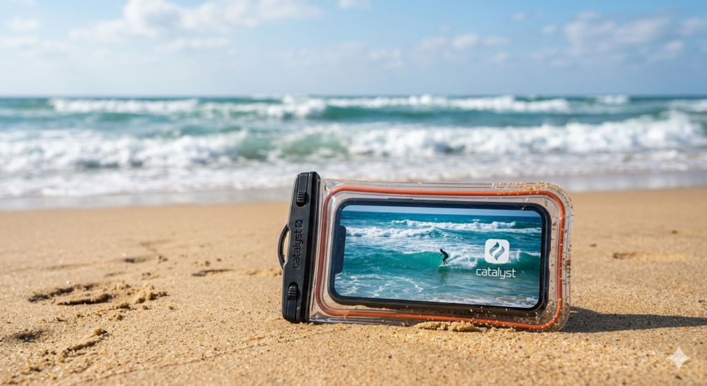 Waterproof smartphone case for surfing placed on the sand with ocean waves in the background
