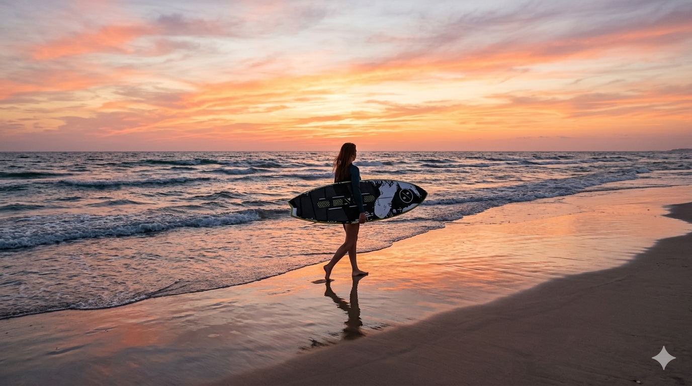 A woman carrying a black and white patterned longboard surfboard walks along a beach at sunset, with dramatic orange and pink hues reflected in the wet sand. SurfingGears.com