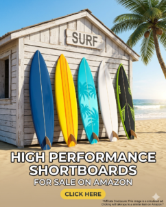 Colorful shortboard surfboards leaning against a beach surf shack, Amazon affiliate ad